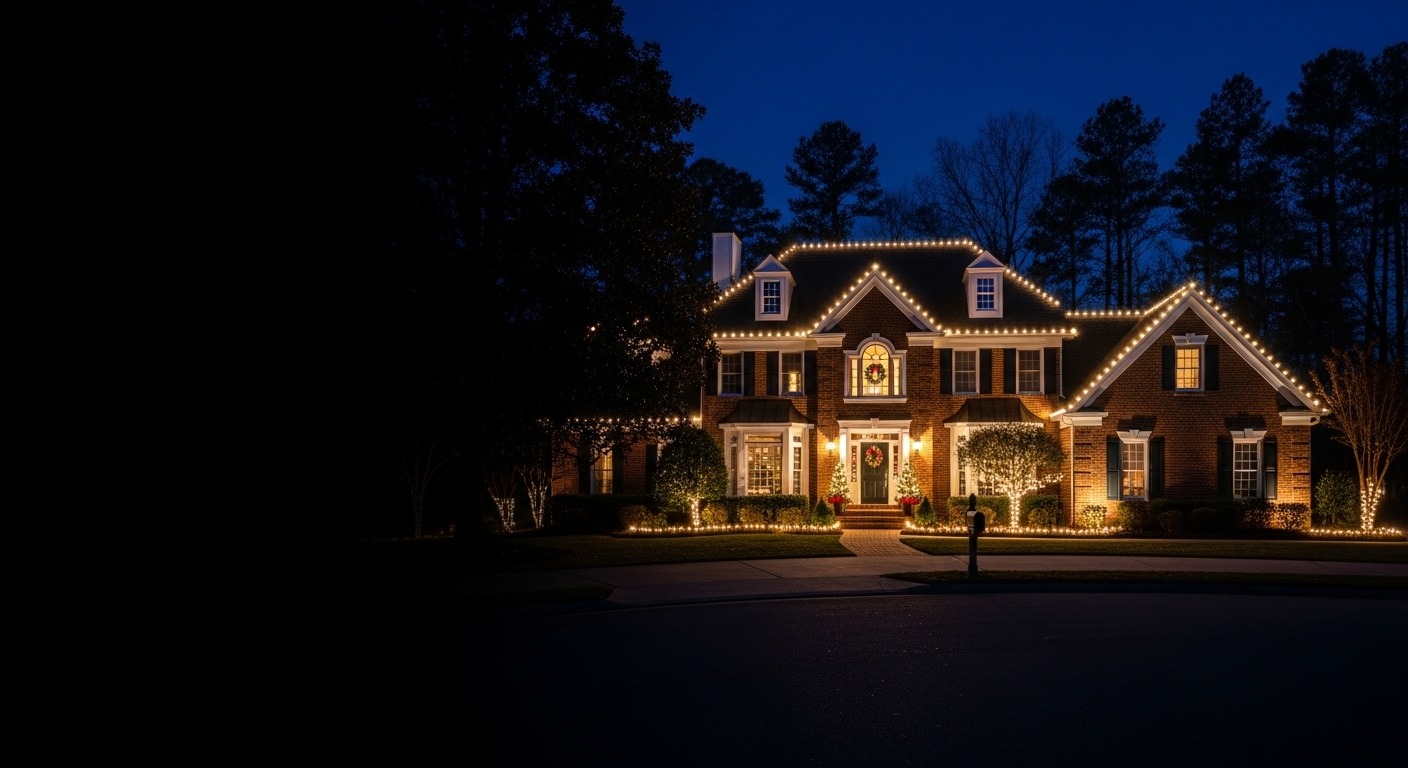 Holiday lights on home at night
